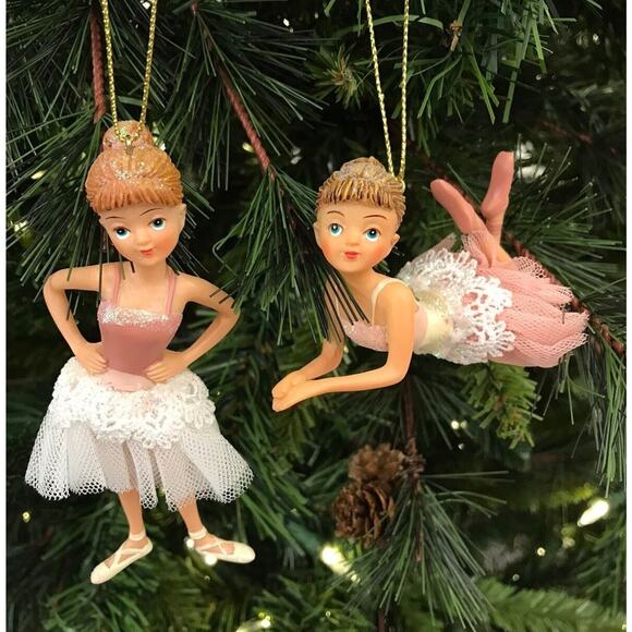 2 Girl Ballerinas Standing Laying Down Pose Pink Christmas Tree Ornaments 3-4 in - Picture 6 of 10